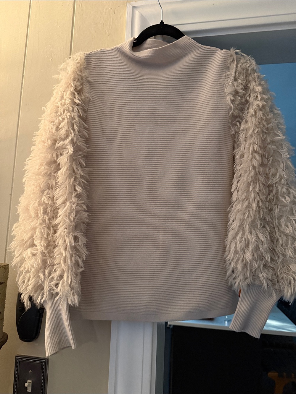 Sioni Cream Textured Sweater with Faux-Fur Statement Sleeves